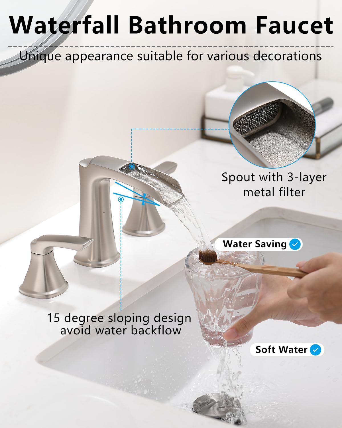 Fapully waterfall flow bathroom faucet for 8-inch widespread sinks