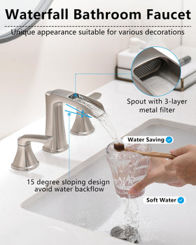 Fapully waterfall flow bathroom faucet for 8-inch widespread sinks