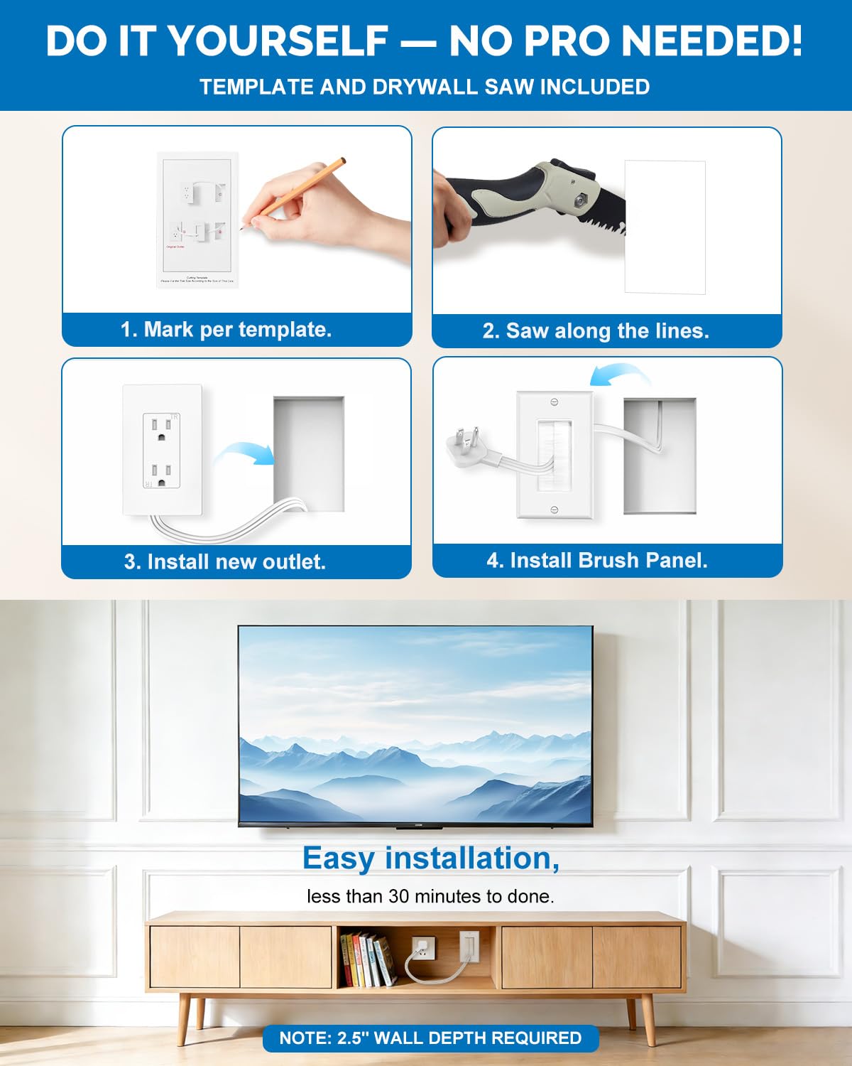 Farlaku dual outlet extender for wall-mounted TVs keeps power reachable.
