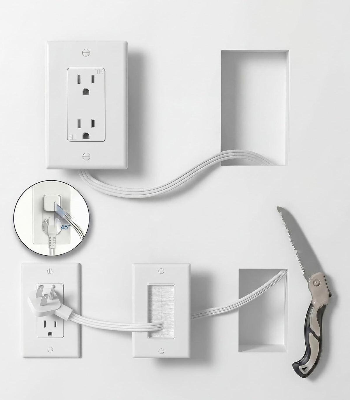 Farlaku in-wall kit with recessed outlet box for neat, safer wall wiring.