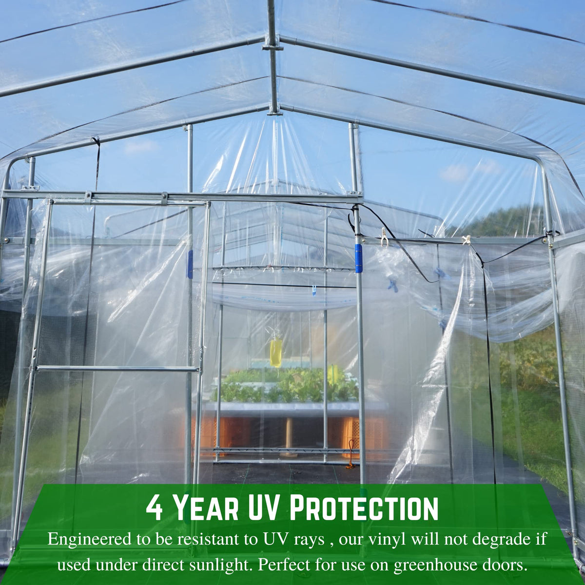 Farm Plastic Supply clear vinyl sheeting shields greenhouse doors while maintaining light.