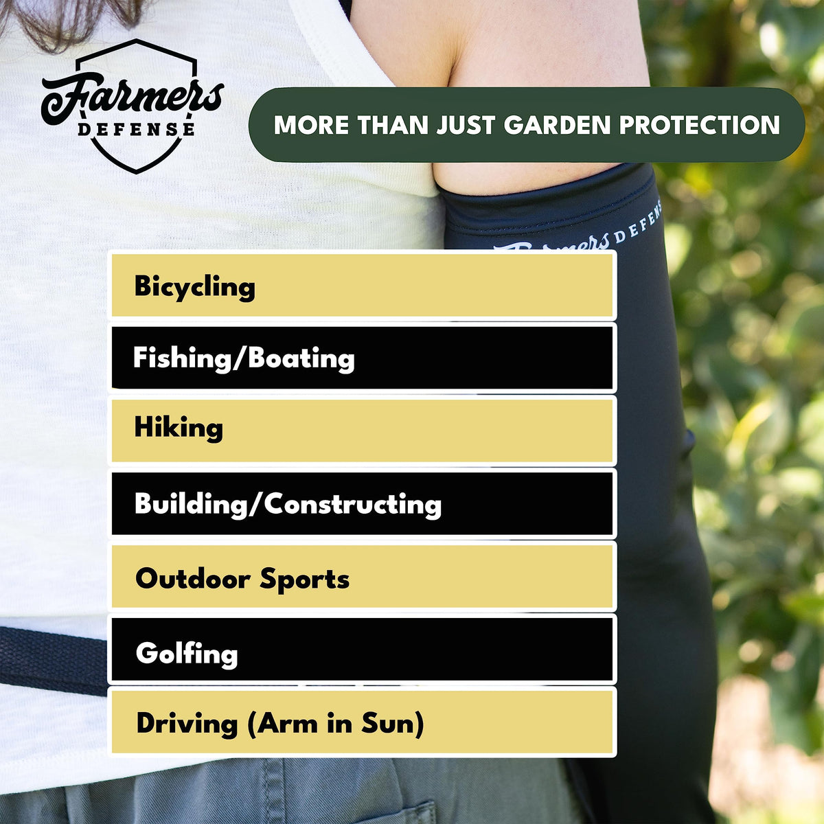 FARMER'S DEFENSE arm sleeves in action cooling breathable material during gardening.