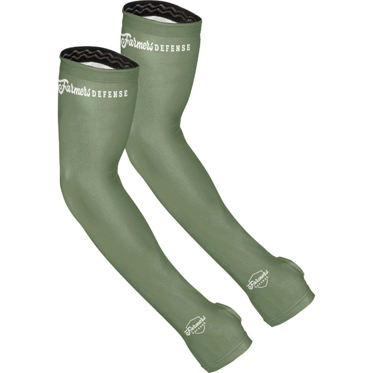 FARMER'S DEFENSE gardening arm sleeves forest green close-up protecting forearms during pruning