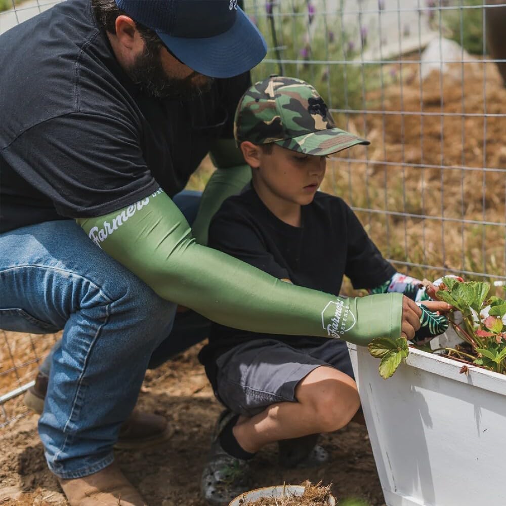 Machine-washable FARMER'S DEFENSE sleeves shown for easy care
