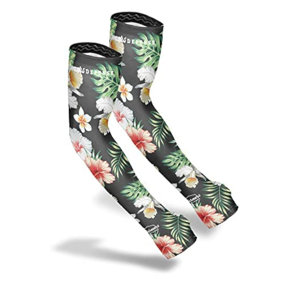 FARMER'S DEFENSE arm sleeves with tropical flowers pattern offering all-day sun protection during outdoor work.