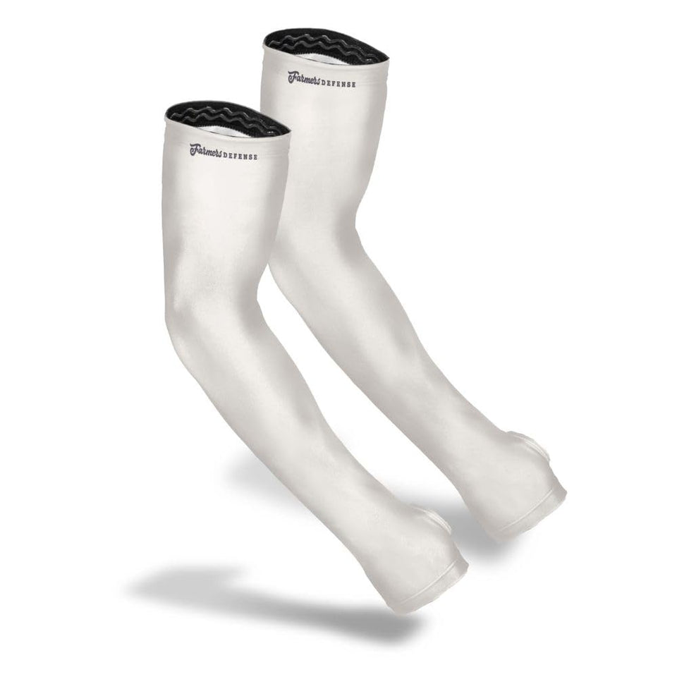 FARMER'S DEFENSE arm sleeves with UV protection in sunny garden settings