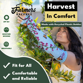 FARMER'S DEFENSE arm sleeves worn during outdoor activities like farming.