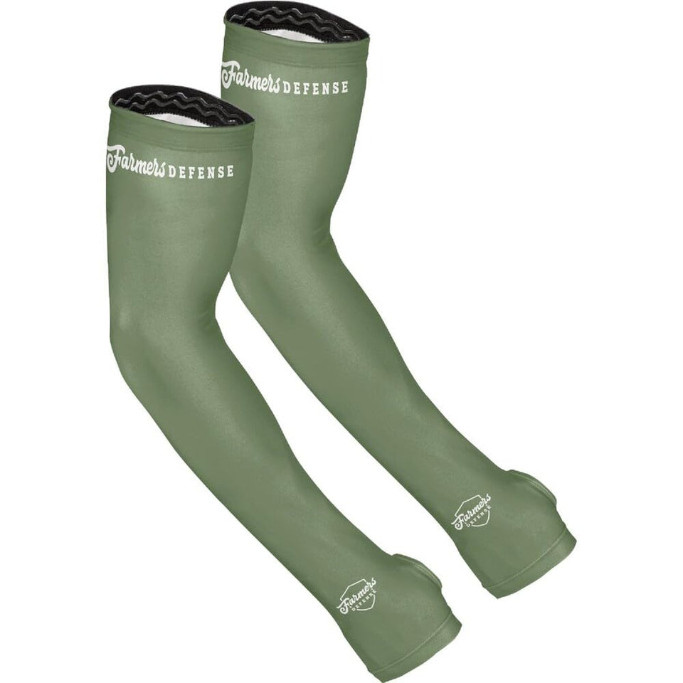 FARMER'S DEFENSE arm sleeves forest green close-up showing breathable fabric with UPF protection