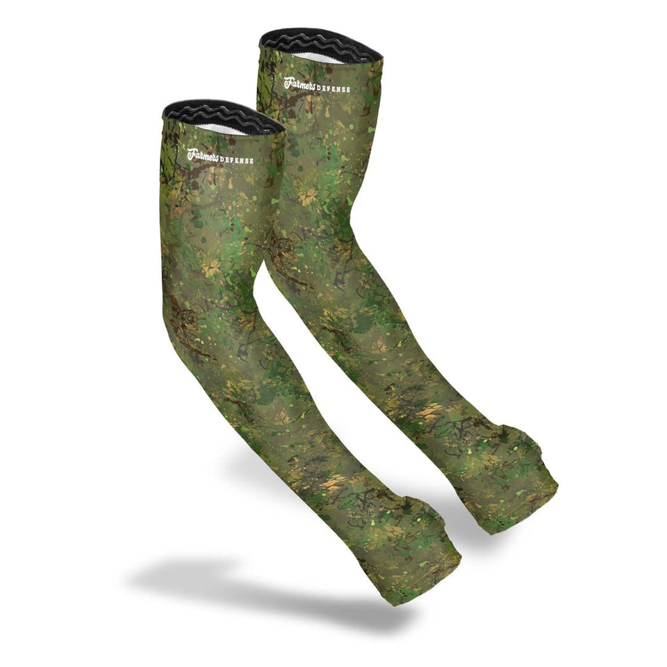 FARMER'S DEFENSE gardening arm sleeves in green brush camo provide UPF 50+ sun protection for outdoor work