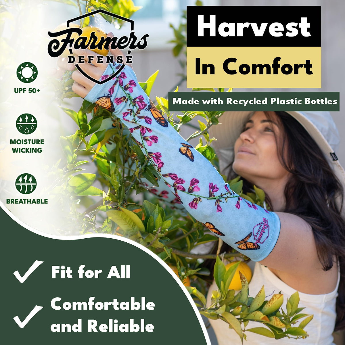 FARMER'S DEFENSE Monarch arm sleeve enhances sun and scratch protection in outdoor work.