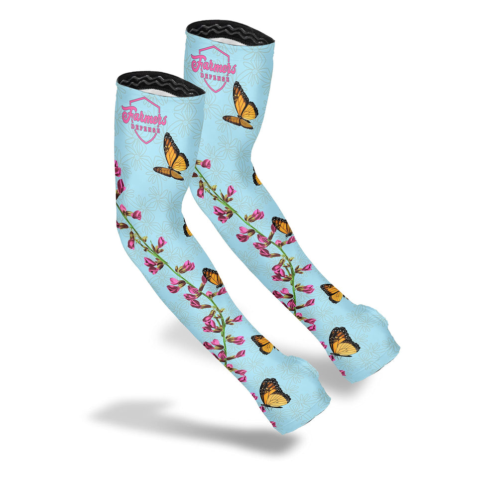 FARMER'S DEFENSE Monarch arm sleeve with UPF 50+ sun protection for gardening.