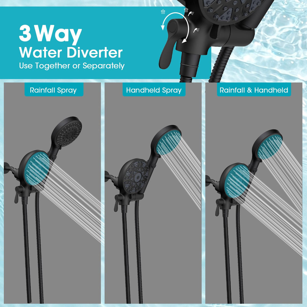 FASDUNT handheld shower with 6 settings enhances targeted rinsing and cleaning.