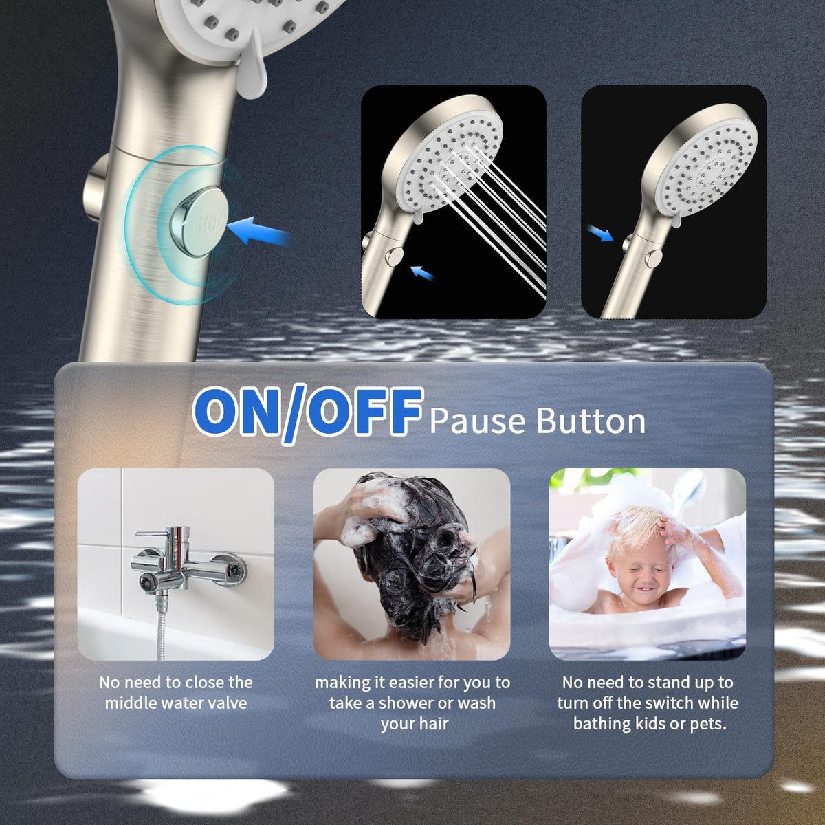 FASDUNT on/off pause button offers instant water control during bath time.