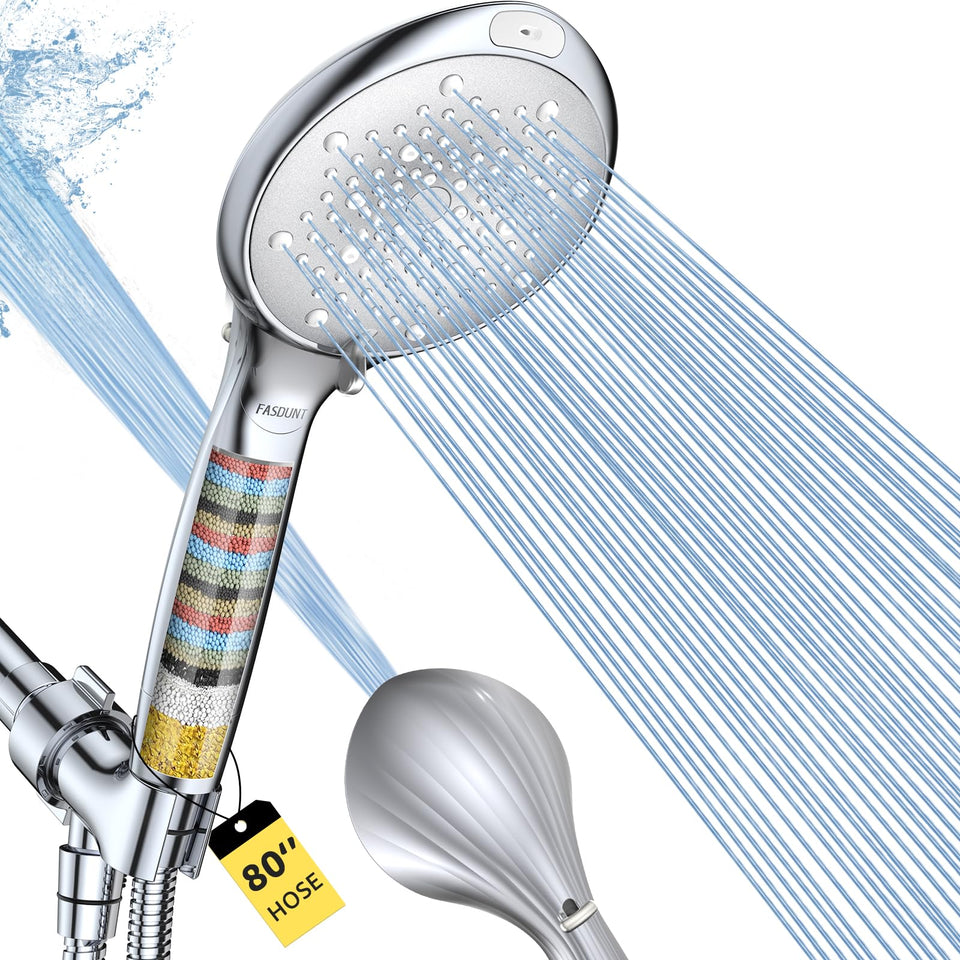 FASDUNT shower head with filter close-up showing built-in purification for cleaner water