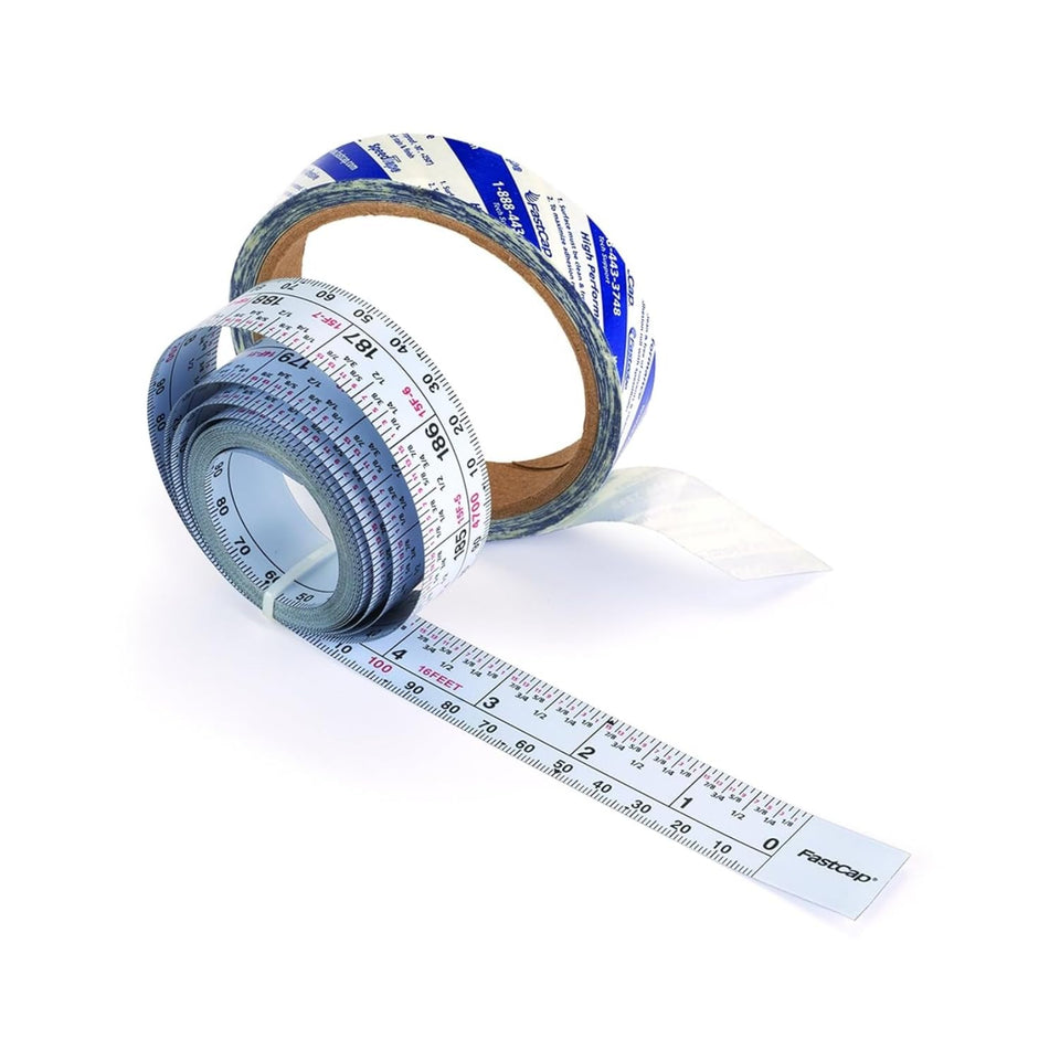 FastCap Peel & Stick 16ft tape shows left-right readability for quick measurements.