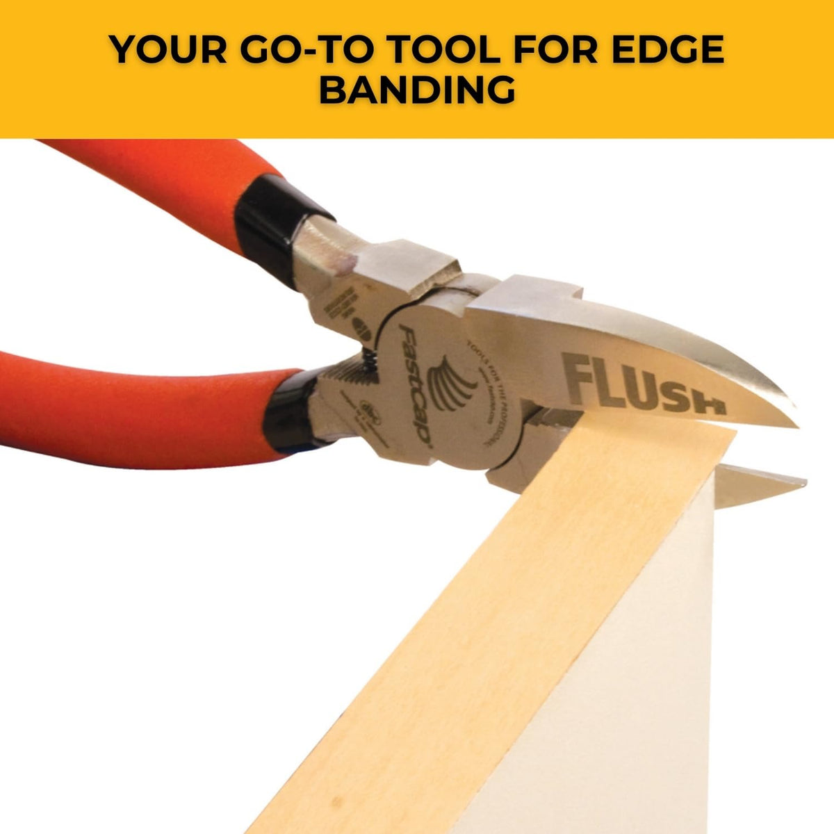 FastCap Pliers in action trimming edgebanding flush with surface.