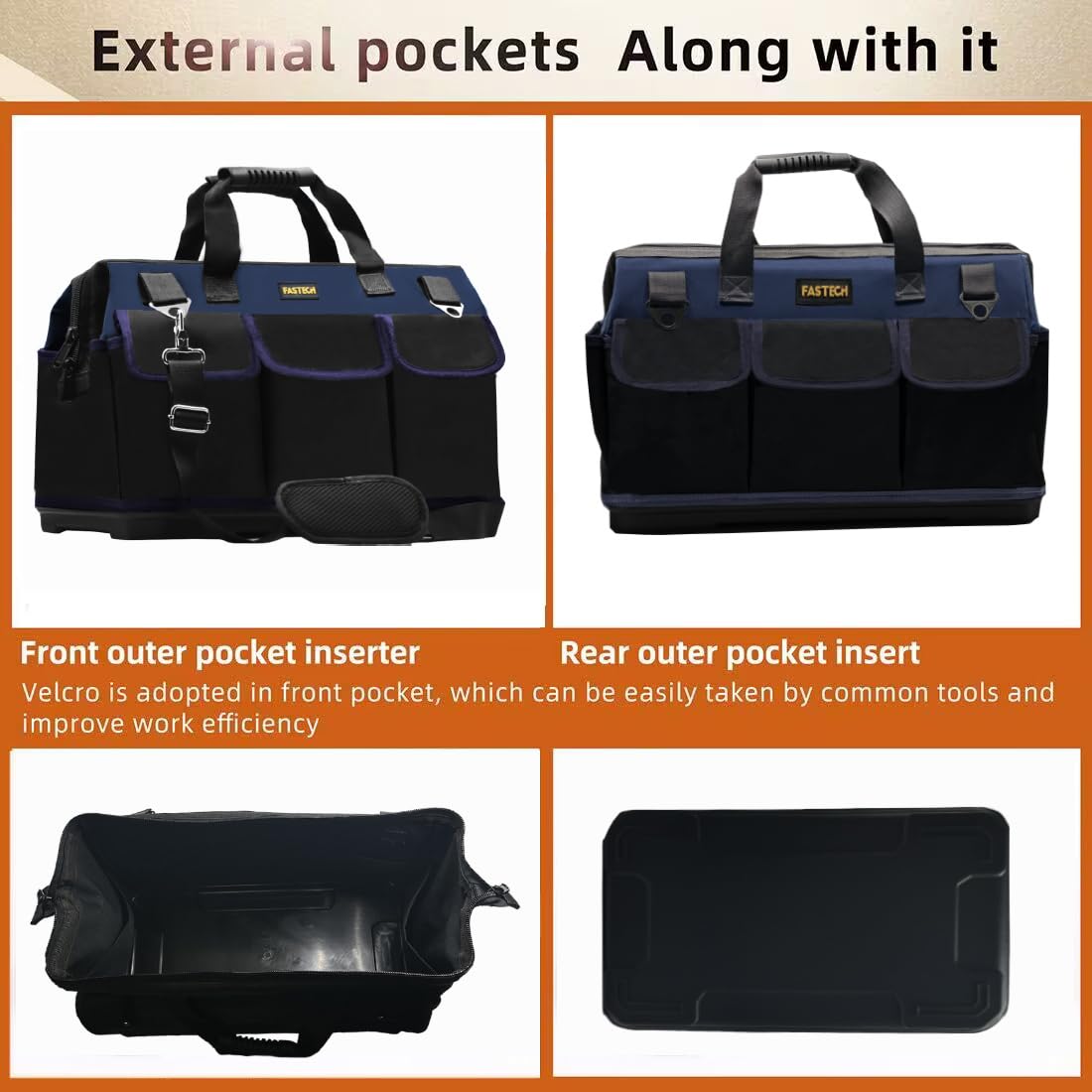 FASTECH 22in heavy-duty tool bag inside pockets for organized tools