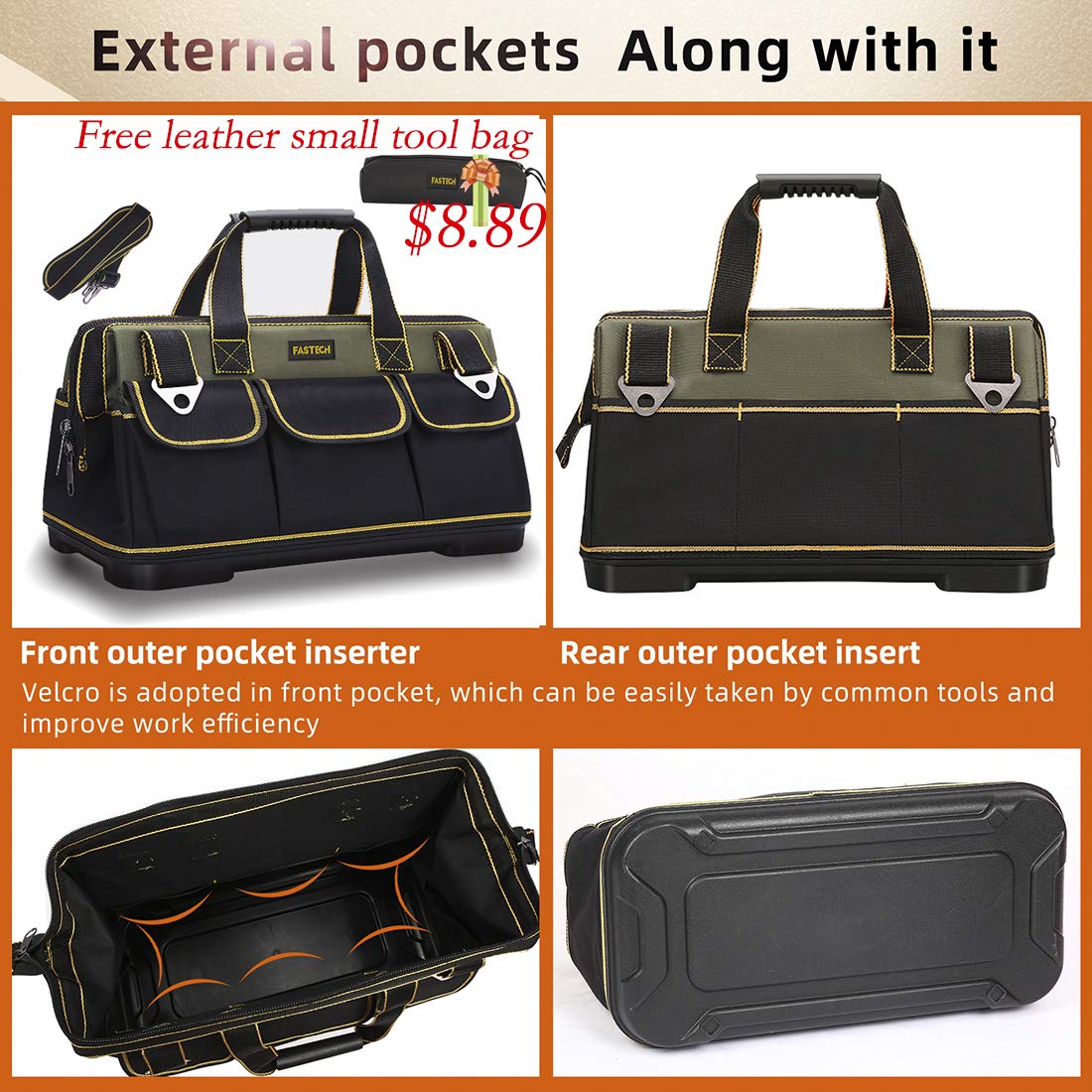 FASTECH bag interior layout highlights built-in tool pockets for organization
