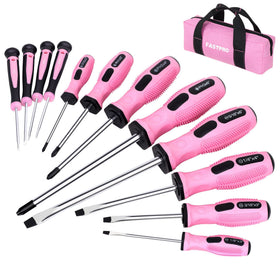 FASTPRO 12-piece pink magnetic screwdriver set in a storage bag for easy organization.