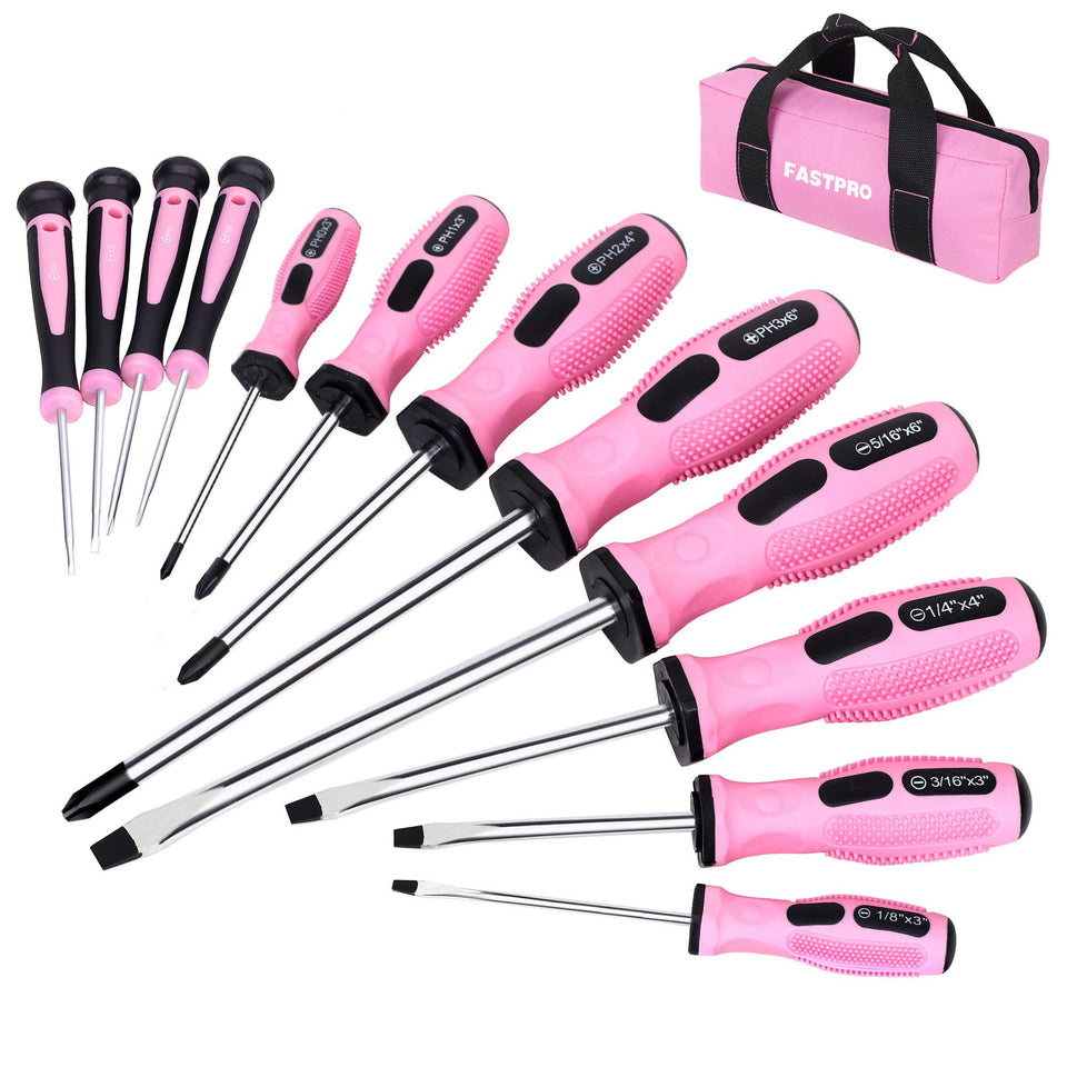 FASTPRO 12-piece pink magnetic screwdriver set in a storage bag for easy organization.