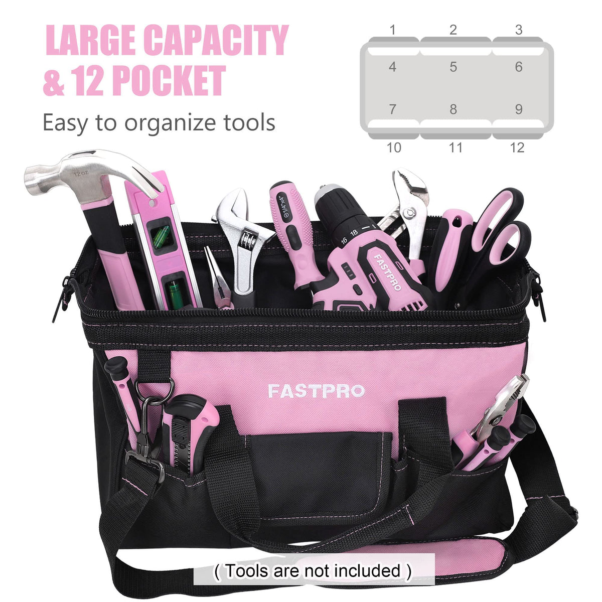 FASTPRO 14in pink tool bag adjustable strap cushions shoulder.