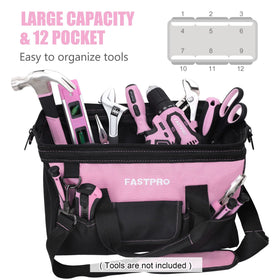 FASTPRO 14in pink tool bag adjustable strap cushions shoulder.