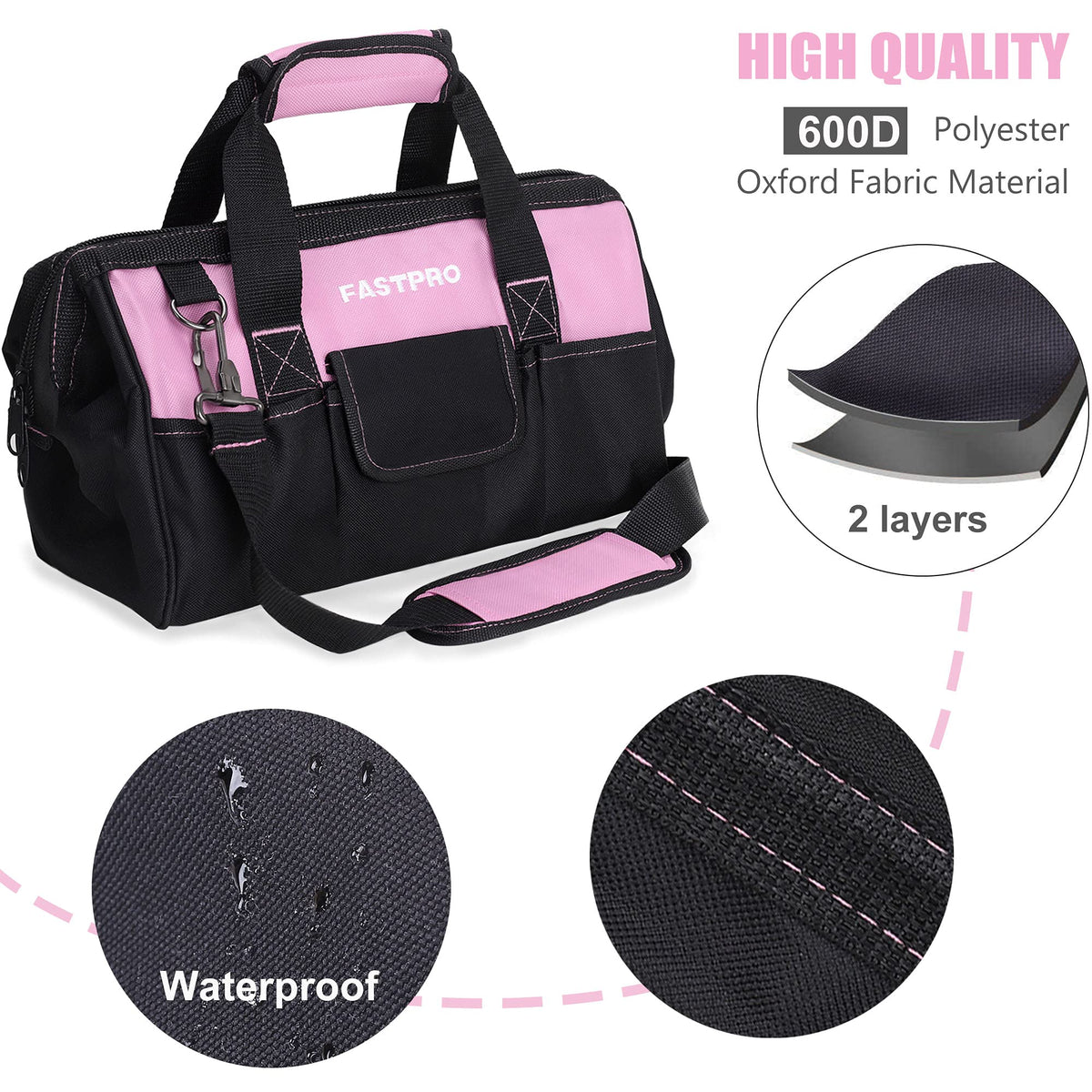 FASTPRO 14in pink tool bag exterior pockets help organize larger tools.