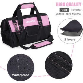 FASTPRO 14in pink tool bag exterior pockets help organize larger tools.