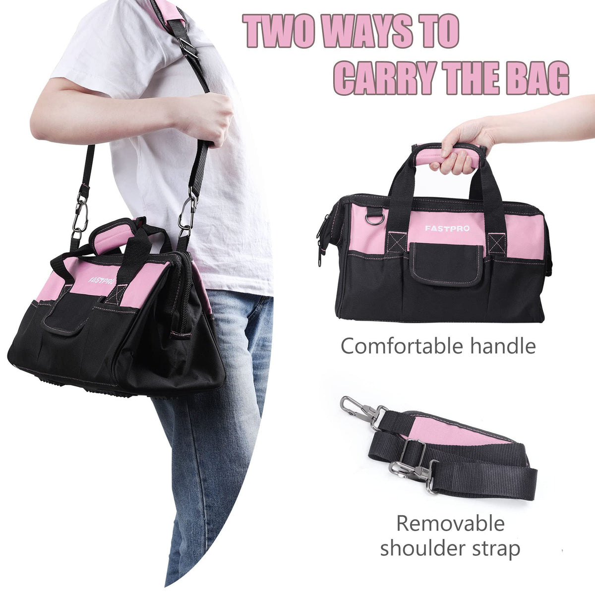 FASTPRO 14in pink tool bag in use at home workshop.
