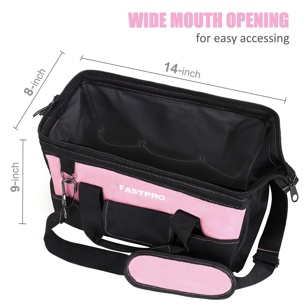 FASTPRO 14in pink tool bag rubber foam bottom for stability.