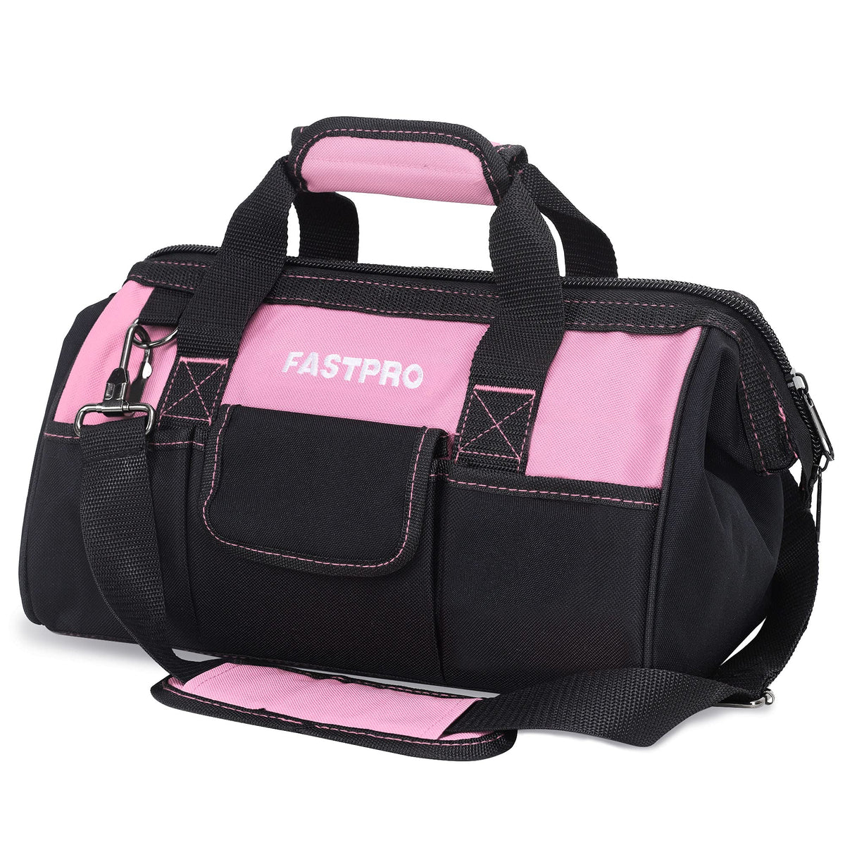 FASTPRO 14in pink tool bag wide mouth opening for quick tool access on DIY projects.