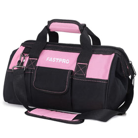 FASTPRO 14in pink tool bag wide mouth opening for quick tool access on DIY projects.