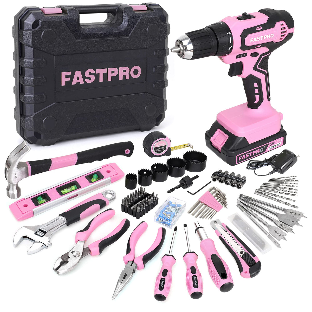 FASTPRO 177-piece pink drill kit in case for convenient home projects.