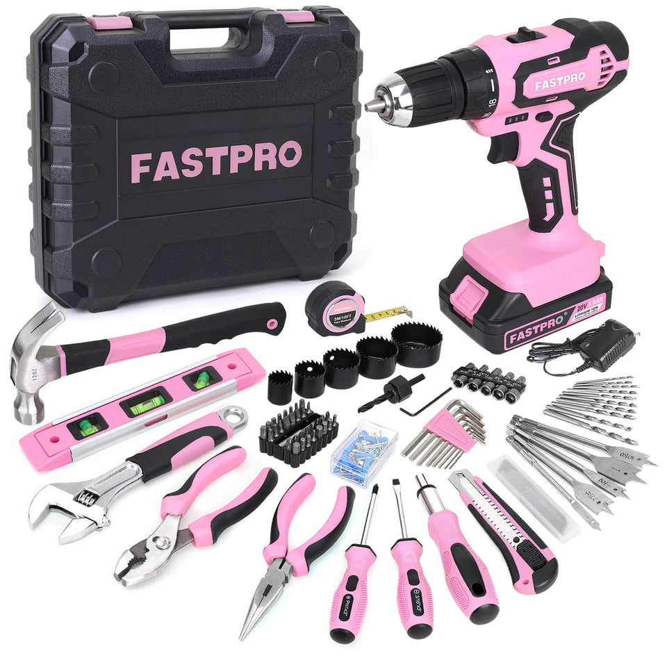 FASTPRO 177-piece pink drill kit in case for convenient home projects.