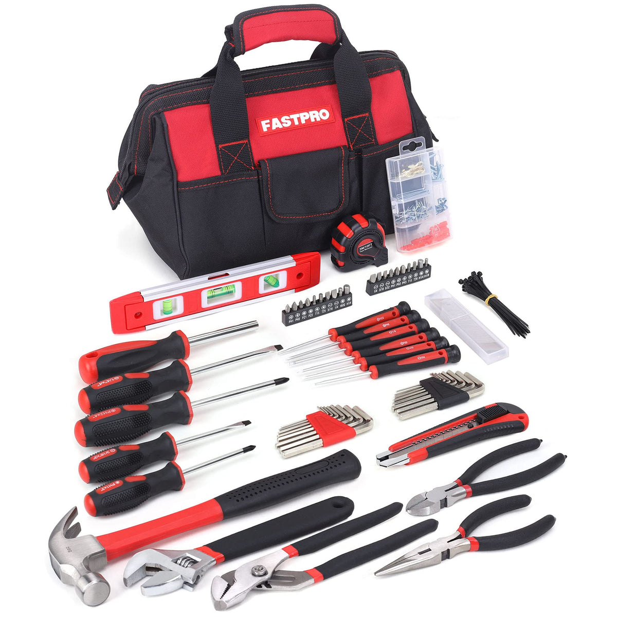 FASTPRO 215-piece tool set with wide-mouth bag open for quick tool access