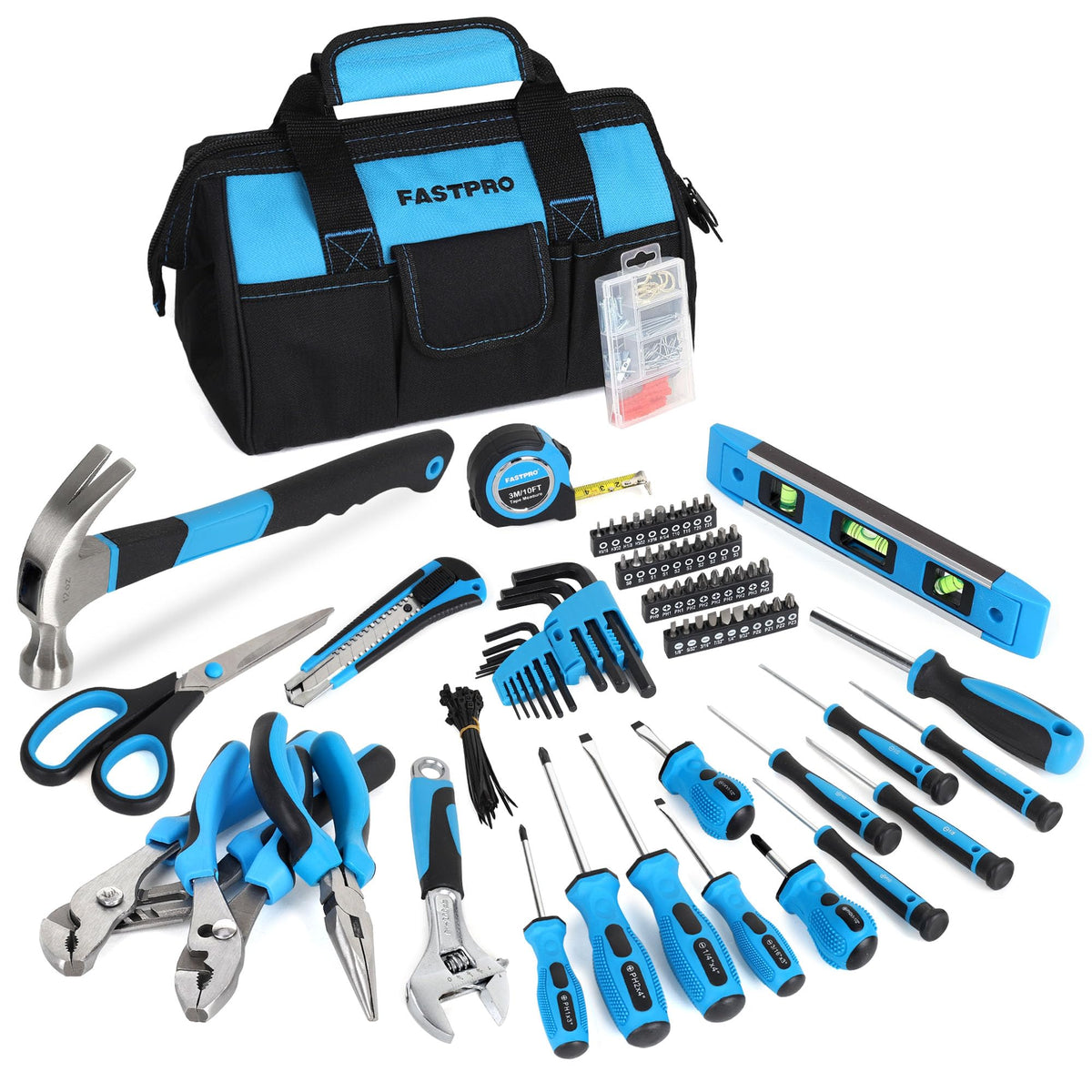 FASTPRO 220-piece tool set with bag open for easy DIY access.