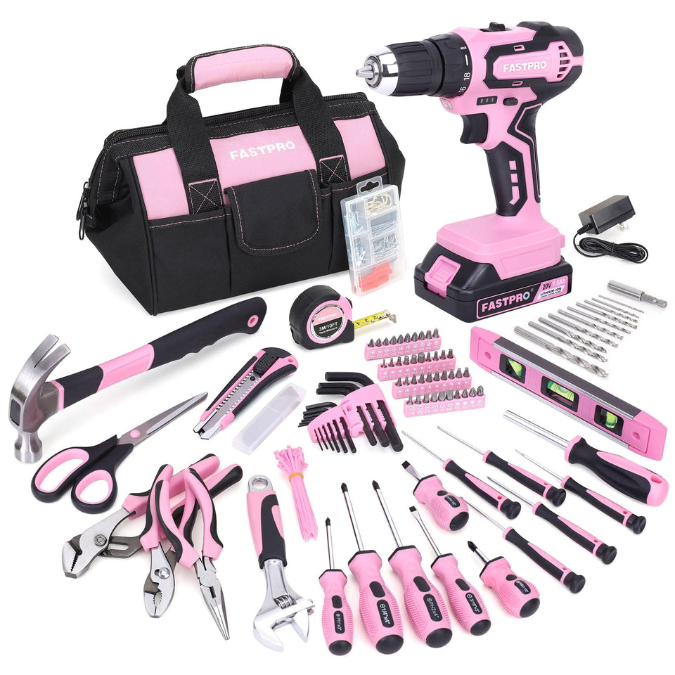 FASTPRO 232-piece pink tool set displayed for home repairs and DIY projects