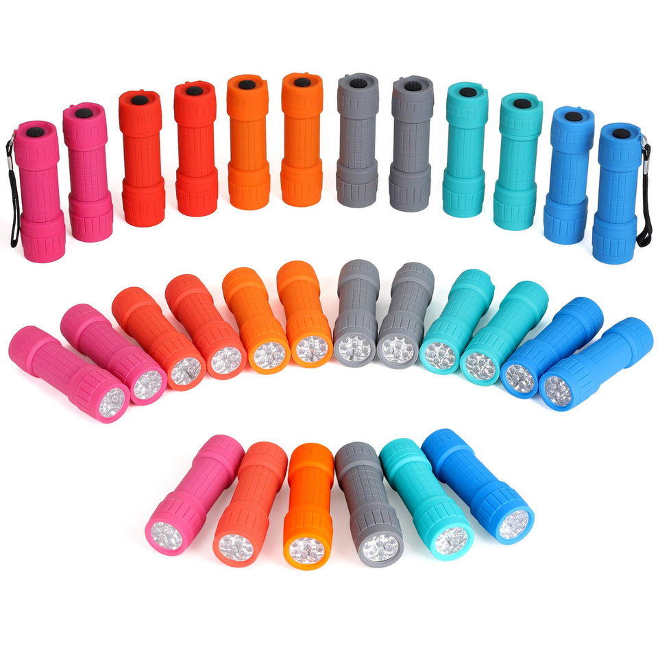 FASTPRO 30-pack 9-LED mini flashlights color assortment for versatile gifts and outdoor use.