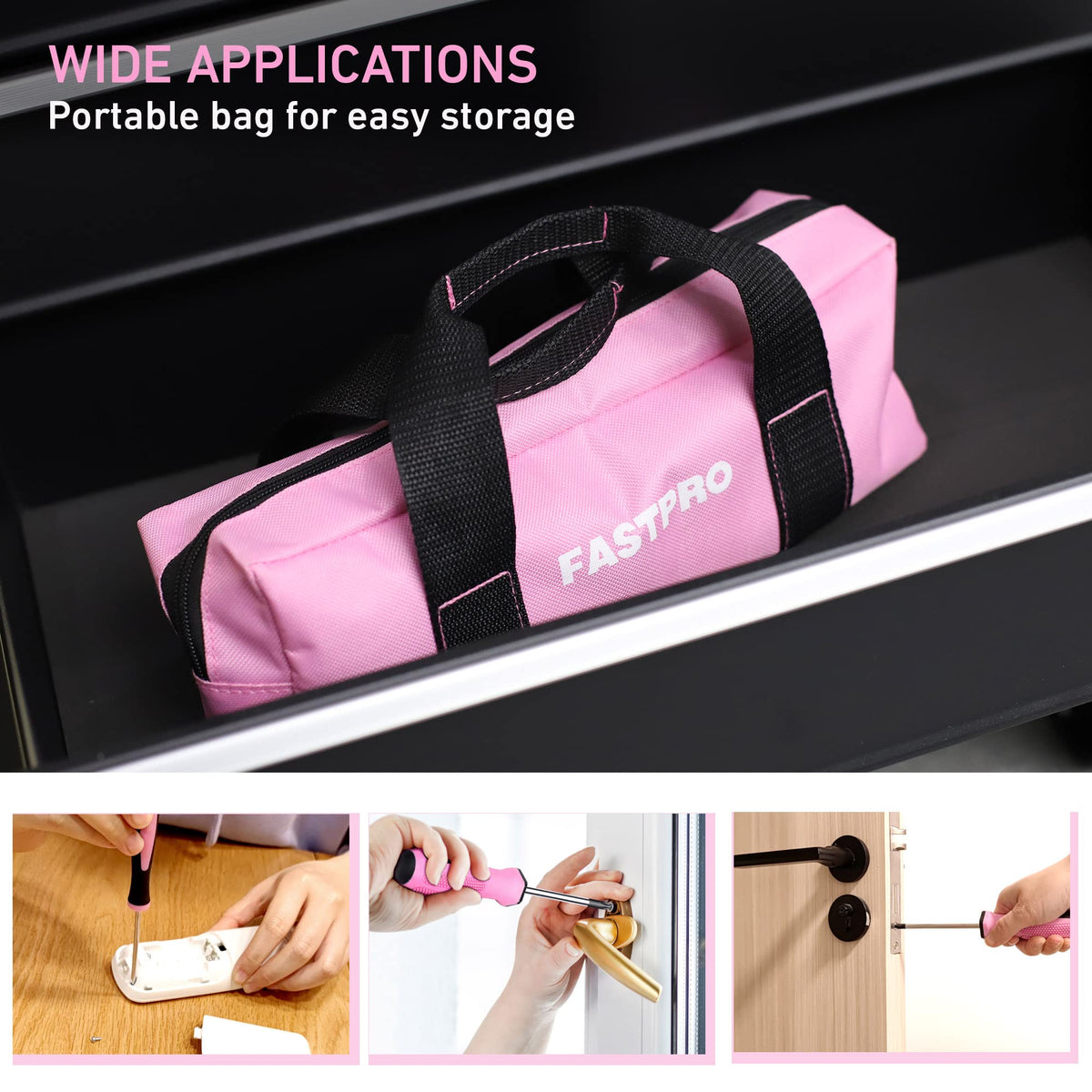 FASTPRO compact storage bag keeps tools organized on the go.