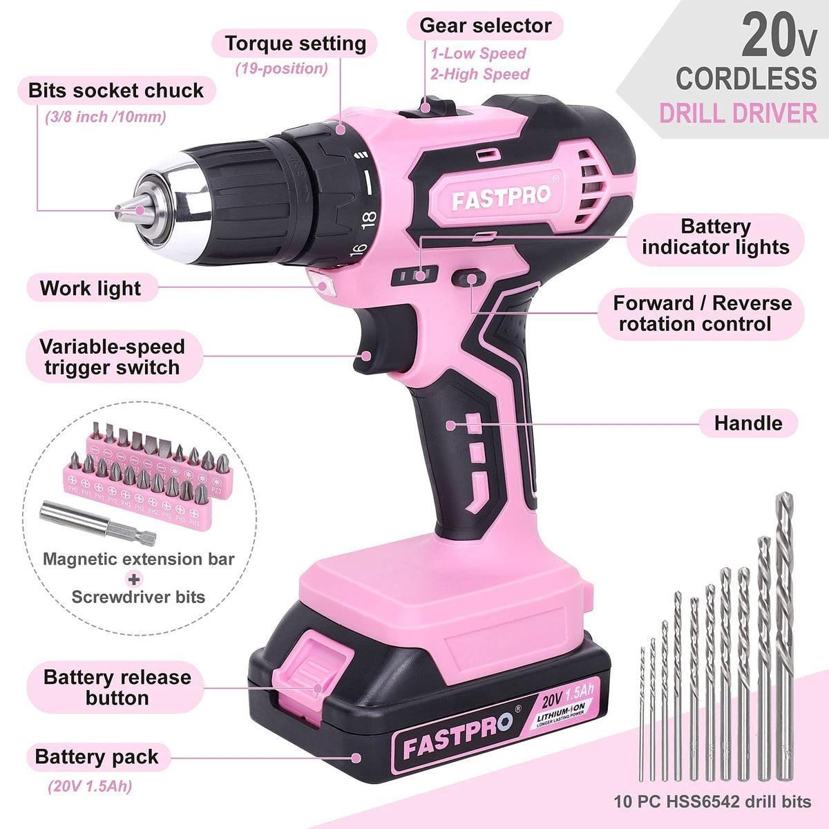 FASTPRO pink 20V battery powering a cordless drill with longer run-time