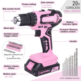 FASTPRO pink 20V battery powering a cordless drill with longer run-time