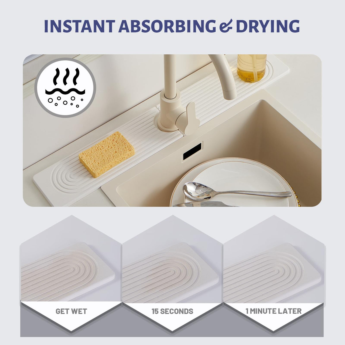 Fatilin Stone Faucet Mat sink-organization view highlights neat counters with sponge and cup storage