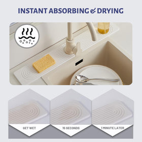 Fatilin Stone Faucet Mat sink-organization view highlights neat counters with sponge and cup storage