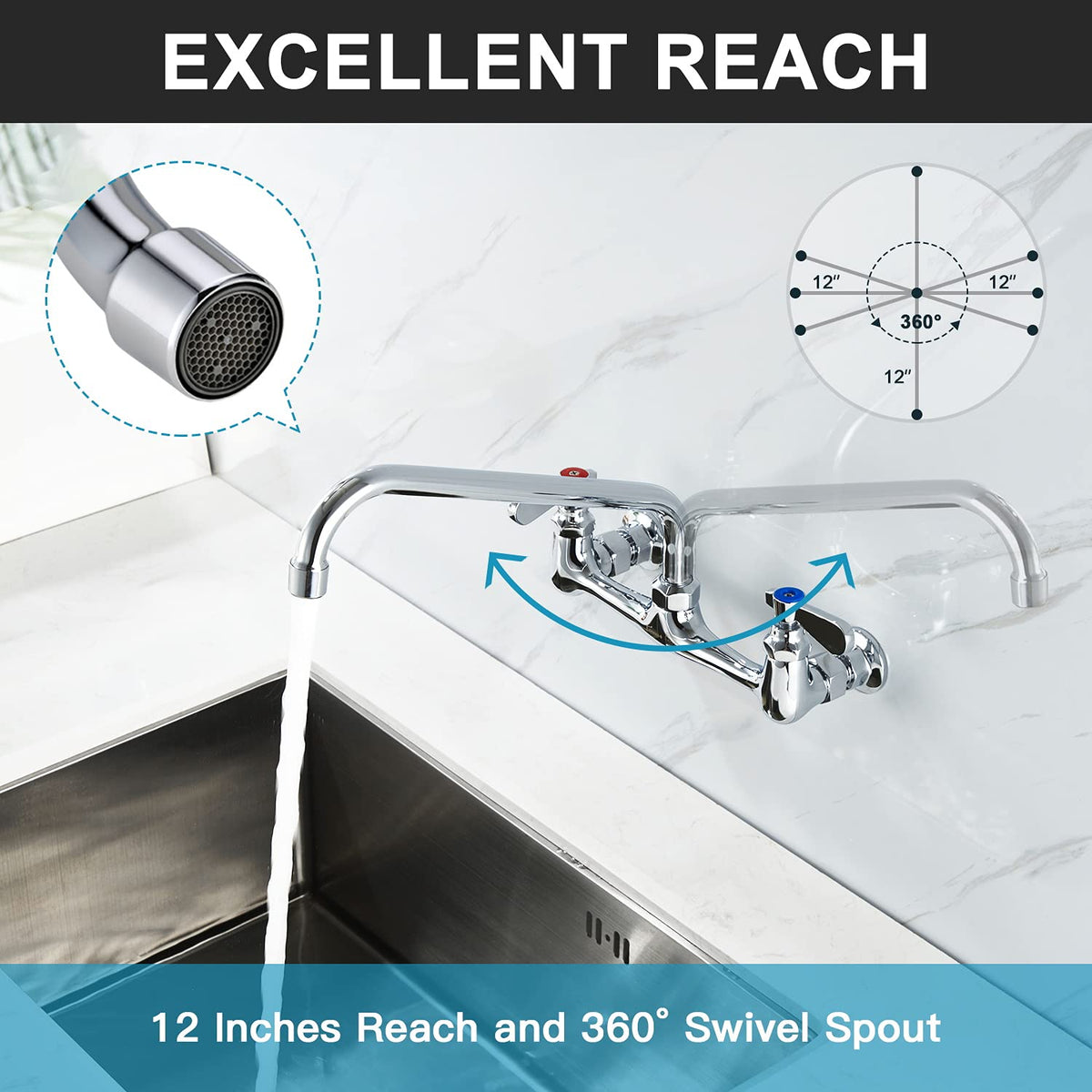 Favorpo wall mount faucet with 12 inch swivel spout for full sink reach