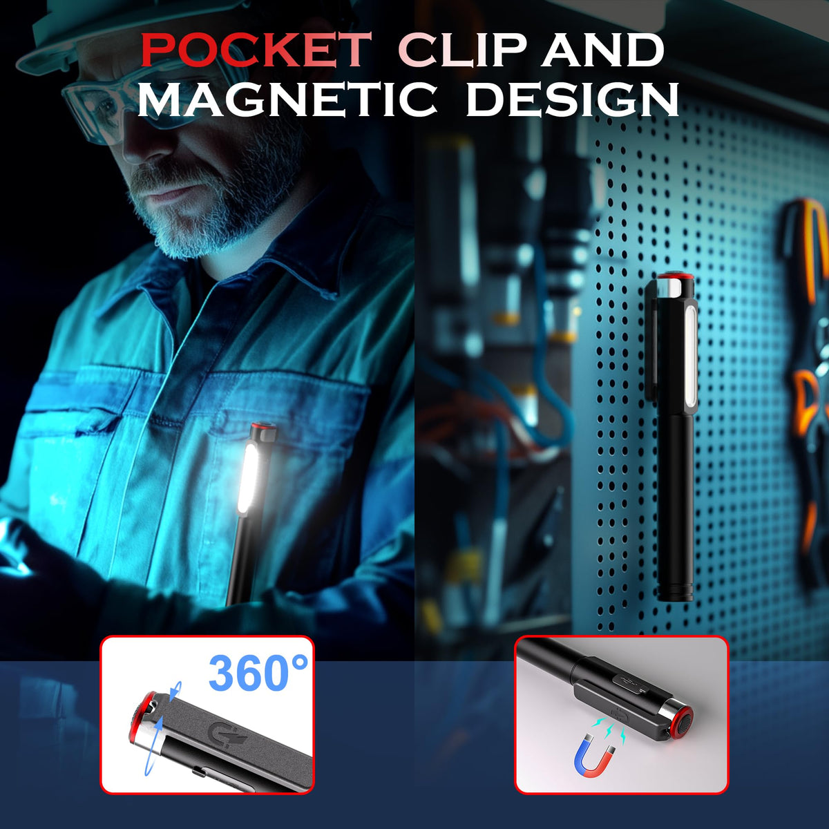 Favourlite pen light with magnet and clip enabling hands-free use on metal surfaces