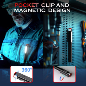 Favourlite pen light with magnet and clip enabling hands-free use on metal surfaces
