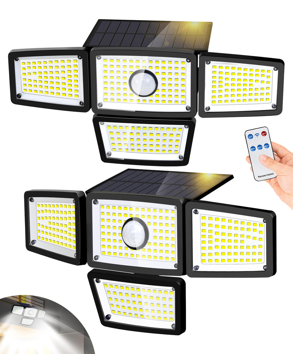 FAXBOX 4-heads solar sensor lamp front view highlights versatile outdoor lighting.