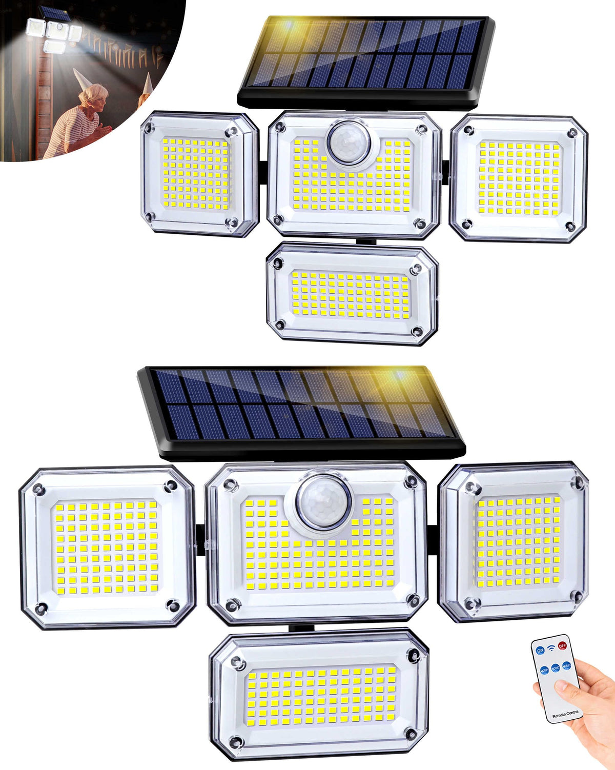 FAXBOX outdoor motion sensor lamp with 4 heads and solar panel for efficient energy storage.