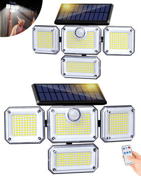 FAXBOX outdoor motion sensor lamp with 4 heads and solar panel for efficient energy storage.