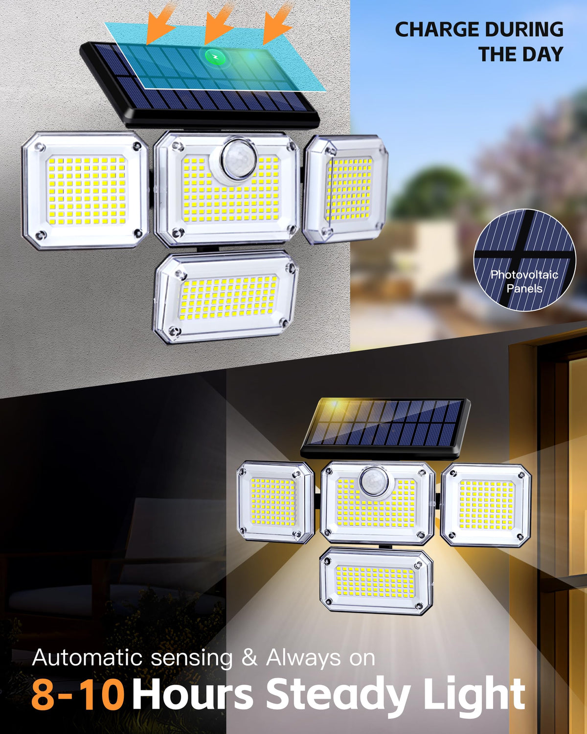 FAXBOX outdoor sensor lamp provides bright coverage with adjustable angles.
